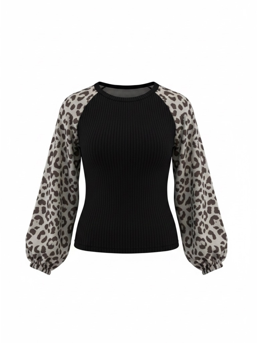 Black Ribbed Top with Gray Leopard Balloon Sleeves